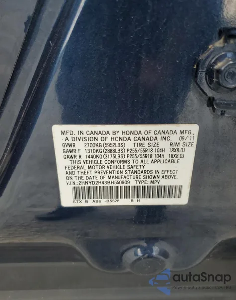 2011 Acura Mdx Technology z USA, uszkodzony, nr VIN 2HNYD2H43BH550909